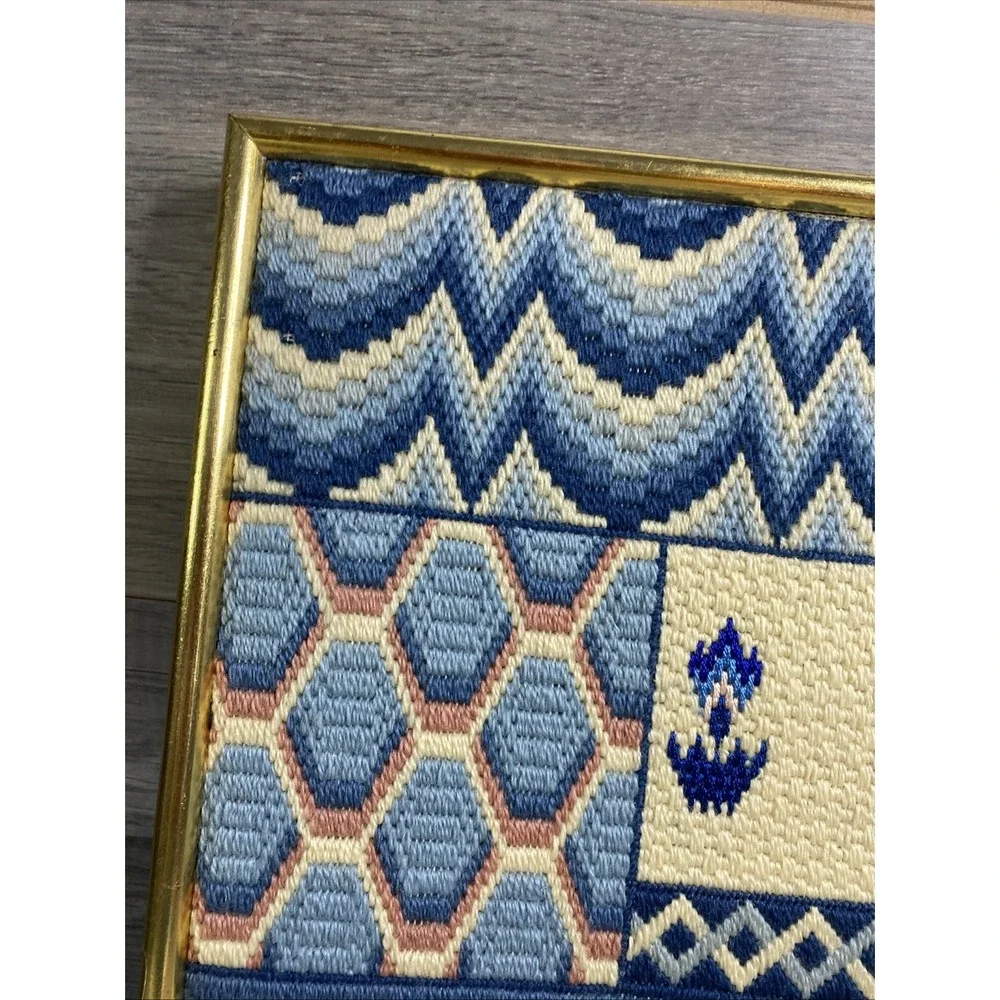 VTG Cross Stitch, 14x15 Art Deco Textile Tapestry‎ Blue Pink Off-White Letter B